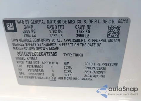 2014 GMC Sierra 1500 Slt из США, поврежденный, VIN 3GTU2VEC0EG472505